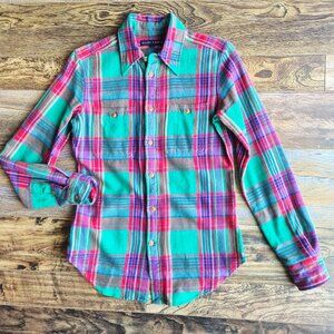 Ralph Lauren Blue Label Flannel Plaid Button-Up Shirt Long Sleeve Green